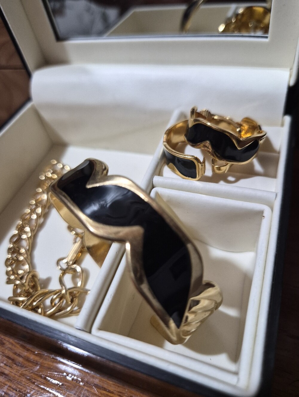 Vintage Avon 1997 Gold Chain Bracelet and Black Enamel Gold-Trim Bangle